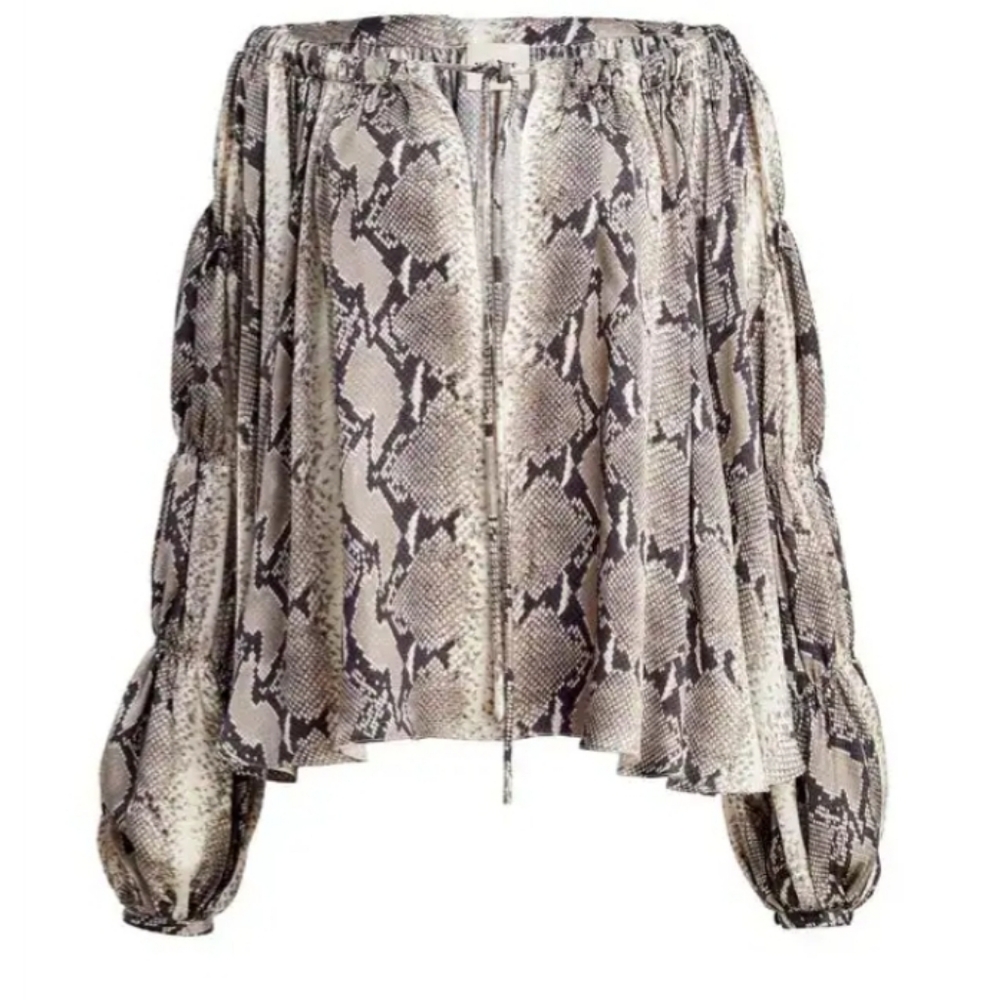 Khaite - Women's Leny Off-Shoulder Snake-Effect Cupro Blouse - Neutral Size 4
